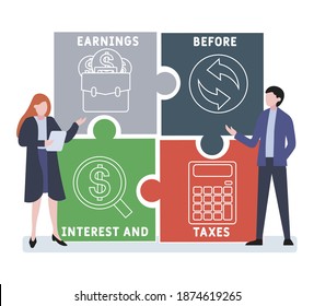Diseño plano con gente. EBIT - Acrónimo de Ganancias antes de Interés e Impuestos, trasfondo de concepto de negocio. Ilustración vectorial para banner de sitio web, materiales de marketing, presentación comercial, en línea