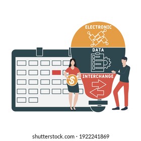  Diseño plano con gente. EDI - Intercambio electrónico de datos. acrónimo, fondo de concepto de negocio. Ilustración vectorial para banner de sitio web, materiales de marketing, presentación comercial, en línea
