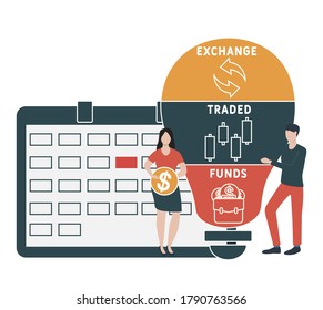 Flaches Design mit Menschen. ETF - Exchange Traded Funds.  Business-Konzept.Vektorgrafik für Webbanner, Marketingmaterialien, Geschäftspräsentation, Online-Werbung.