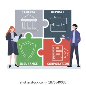 Diseño plano con gente. FDIC - siglas de la Federal Deposit Insurance Corporation, antecedentes de concepto de negocio. Ilustración vectorial para banner de sitio web, materiales de marketing, presentación comercial, en línea