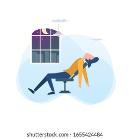 Flat design people feel tired, too much work so sleep sitting in a chair