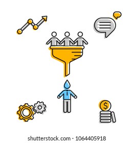 Flat design of people in funnel producing drop in compilation with graphic icons for business. 