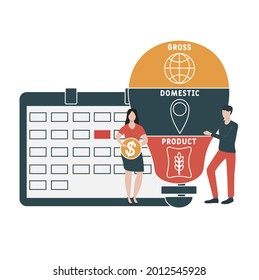 Diseño plano con gente. PIB - Acrónimo en inglés de Producto Interno Bruto. fondo de concepto de negocio. Ilustración vectorial para banner de sitio web, materiales de marketing, presentación comercial, publicidad en línea