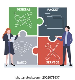 Diseño plano con gente. GPRS - sigla del Servicio General de Radio de Paquetes. fondo de concepto de negocio. Ilustración vectorial para banner de sitio web, materiales de marketing, presentación comercial, publicidad en línea