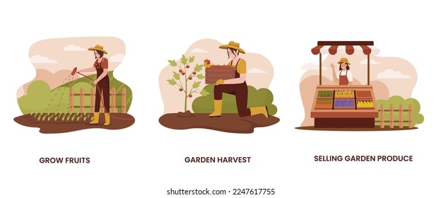Flat design of people growing vegetables in garden. Illustration for websites, landing pages, mobile applications, posters and banners. Trendy flat vector illustration