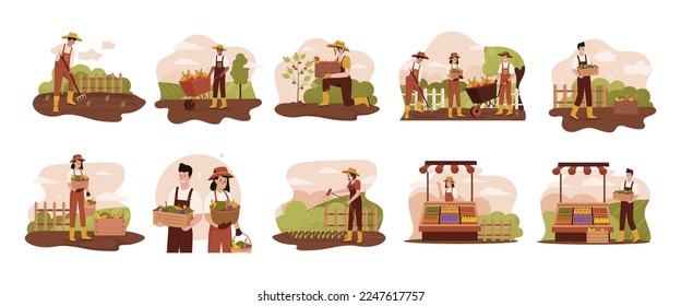 Flat design of people growing vegetables in garden. Illustration for websites, landing pages, mobile applications, posters and banners. Trendy flat vector illustration