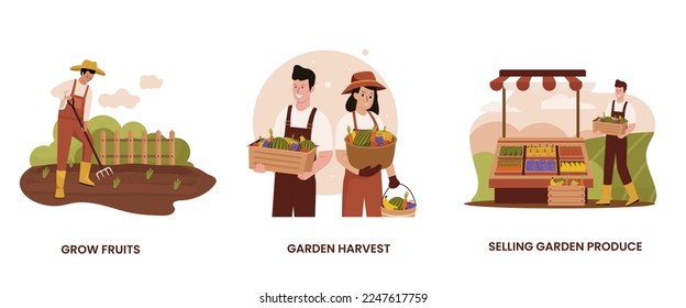 Flat design of people growing vegetables in garden. Illustration for websites, landing pages, mobile applications, posters and banners. Trendy flat vector illustration