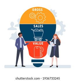 Flat design with people. GSV - Gross Sales Value. acronym, business concept background.   Vector illustration for website banner, marketing materials, business presentation, online