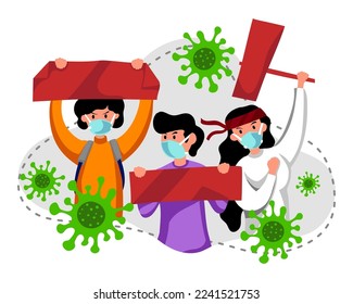 Flat design people holding banners  china protest illustration. Corona virus illustration