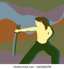 Flat design of a people holding sword on abstract background. Easily to put or take object of a man. Vector eps 10.