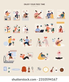 Flat design people at home enjoying free time element collection isolated on beige background. People at home taking care of plant, playing guitar, exercising, reading, and cooking.