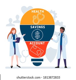 Flat design with people. HSA - Health Savings Account 
acronym, medical concept background. Vector illustration for website banner, marketing materials, business presentation, online advertising