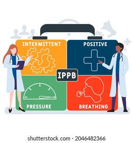 Diseño plano con gente. IPPB - Acrónimo de respiración de presión positiva intermitente. antecedentes de concepto médico. Ilustración vectorial para banner de sitio web, materiales de marketing, presentación comercial, en línea