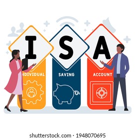 Flat design with people. ISA - Individual Saving Account acronym, business concept background.   Vector illustration for website banner, marketing materials, business presentation, online advertising.
