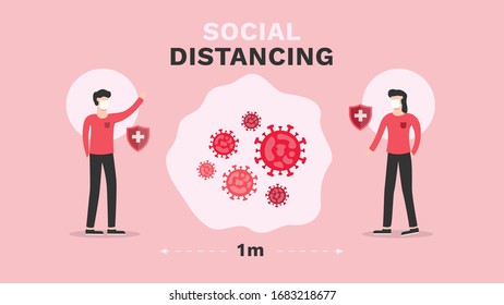 Flat design of people keeping distance for infection risk and disease prevention measures by using a mask. Vector illustration Eps 10