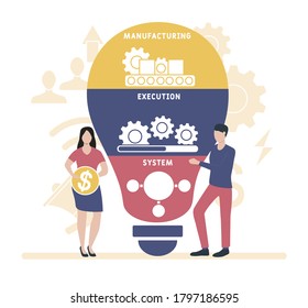 Flat Design With People. MES - Manufacturing Execution System. Platform. Business Concept Background. Vector Illustration For Website Banner, Marketing Materials, Business Presentation