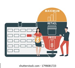 Diseño plano con gente. MRP - precio de venta al por menor máximo. Plataforma. fondo de concepto de negocio. Ilustración vectorial para banner de sitio web, materiales de marketing, presentación comercial, publicidad en línea