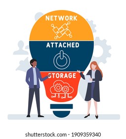 Flaches Design mit Menschen. NAS - Network Attached Storage-Akronym, Business-Concept-Hintergrund.   Vektorgrafik für Website-Banner, Marketingmaterialien, Geschäftspräsentation, Online-Werbung.
