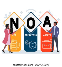 Diseño plano con gente. NOA - Acrónimo de activos de explotación netos. fondo de concepto de negocio. Ilustración vectorial para banner de sitio web, materiales de marketing, presentación comercial, publicidad en línea