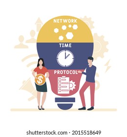 Flat design with people. NTP - Network Time Protocol acronym. business concept background. Vector illustration for website banner, marketing materials, business presentation, online advertising