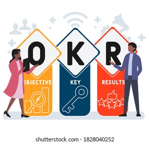 Diseño plano con gente. OKR - Sigla de resultados clave objetivos. fondo de concepto de negocio. Ilustración vectorial para banner de sitio web, materiales de marketing, presentación comercial, publicidad en línea