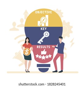 Diseño plano con gente. OKR - Sigla de resultados clave objetivos. fondo de concepto de negocio. Ilustración vectorial para banner de sitio web, materiales de marketing, presentación comercial, publicidad en línea