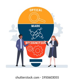 Flat design with people. OMR - Optical Mark Recognition  acronym, business concept background.   Vector illustration for website banner, marketing materials, business presentation, online advertising.