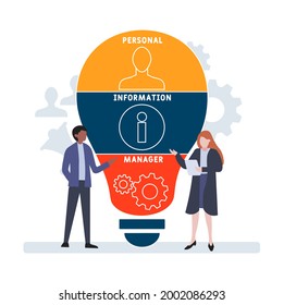 Diseño plano con gente. PIM - siglas de Gestor de Información Personal. fondo de concepto de negocio. Ilustración vectorial para banner de sitio web, materiales de marketing, presentación comercial, publicidad en línea