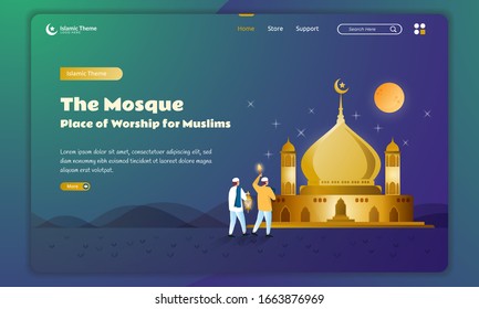 Flat design of people pray to the mosque, the beauty of ramadan night on landing page