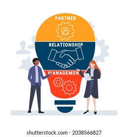 Flaches Design mit Menschen. PRM - Partner Relationship Management Akronym. Hintergrund des Unternehmenskonzepts. Vektorgrafik für Website-Banner, Marketingmaterialien, Geschäftspräsentation, Online-Werbung