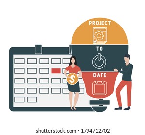 Diseño plano con gente. PTD - proyecto hasta la fecha. Plataforma. fondo de concepto de negocio. Ilustración vectorial para banner de sitio web, materiales de marketing, presentación comercial, publicidad en línea