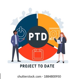 Diseño plano con gente. PTD - proyecto hasta la fecha. Plataforma. fondo de concepto de negocio. Ilustración vectorial para banner de sitio web, materiales de marketing, presentación comercial, publicidad en línea