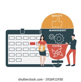 Diseño plano con gente. QMS - Sistema de gestión de calidad. acrónimo, fondo de concepto de negocio.   Ilustración vectorial para banner de sitio web, materiales de marketing, presentación comercial, en línea