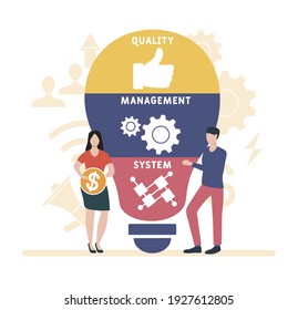 Flat design with people. QMS - Quality Management System. acronym, business concept background.   Vector illustration for website banner, marketing materials, business presentation, online
