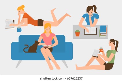 Flat design people reading a book
