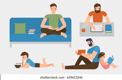 Flat design people reading a book