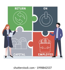 Diseño plano con gente. ROCE - Rentabilidad del capital empleado. fondo de concepto de negocio. Ilustración vectorial para banner de sitio web, materiales de marketing, presentación comercial, publicidad en línea