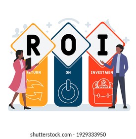 Flat design with people. ROI - Return On Investment. acronym, business concept background.   Vector illustration for website banner, marketing materials, business presentation, online