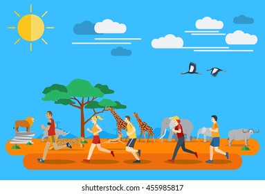 Flat design, people running in Africa