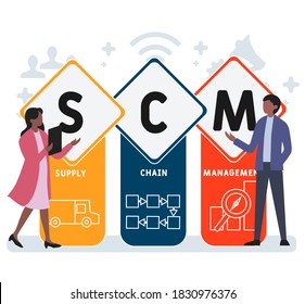 Flat design with people. SCM - Supply Chain Management acronym. business concept background. Vector illustration for website banner, marketing materials, business presentation, online advertising