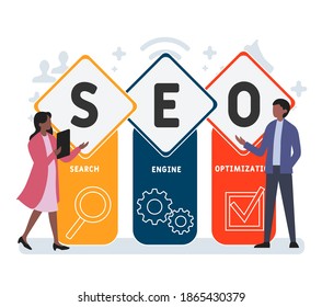 Flat design with people. SEO - Search engine optimizationacronym acronym. business concept background. Vector illustration for website banner, marketing materials, business presentation, online advert