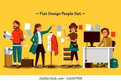 flat design people set, the process of designing and making clothes, yellow background