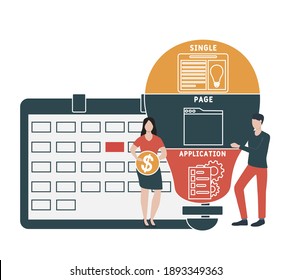 Flat design with people. SPA - Single Page Application acronym, business concept background.   Vector illustration for website banner, marketing materials, business presentation, online advertising.