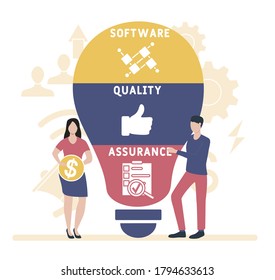 Flat design with people. SQA - software quality assurance. Platform. business concept background. Vector illustration for website banner, marketing materials, business presentation, online advertising