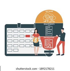 Flat Design With People. SRS - Software Requirements Specification Acronym, Business Concept Background.   Vector Illustration For Website Banner, Marketing Materials, Business Presentation, Online 