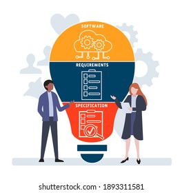Flat design with people. SRS - Software Requirements Specification acronym, business concept background.   Vector illustration for website banner, marketing materials, business presentation, online 