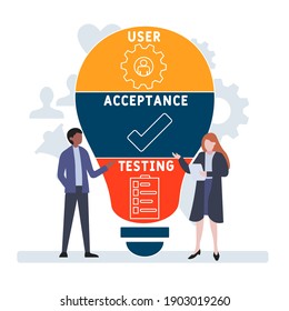 Flat design with people. UAT - User Acceptance Testing  acronym, business concept background.   Vector illustration for website banner, marketing materials, business presentation, online advertising.