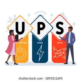 Flat design with people. UPS - Uninterruptible Power Supply  acronym, business concept background.   Vector illustration for website banner, marketing materials, business presentation, online advertis