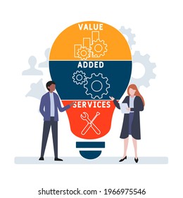Flaches Design mit Menschen. VAS - Akronym für Mehrwertdienste. Hintergrund des Unternehmenskonzepts. Vektorgrafik für Website-Banner, Marketingmaterialien, Geschäftspräsentation, Online-Werbung