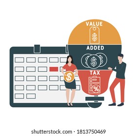 Diseño plano con gente. IVA - impuesto sobre el valor añadido.  fondo de concepto de negocio. Ilustración vectorial para banner de sitio web, materiales de marketing, presentación comercial, publicidad en línea